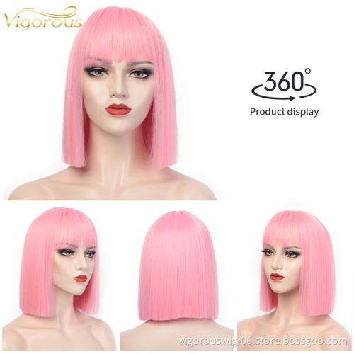 Vigorous women wholesale cheap cosplay pink color short straight high quality bob cut synthetic hair wig with bangs